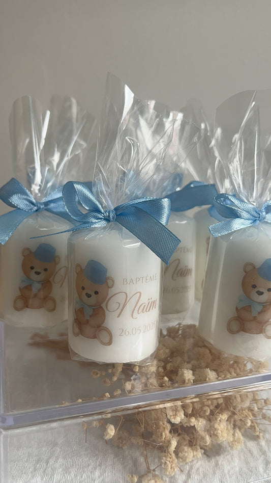 Bougie personnalisée Baptême Ourson – Cadeau invité