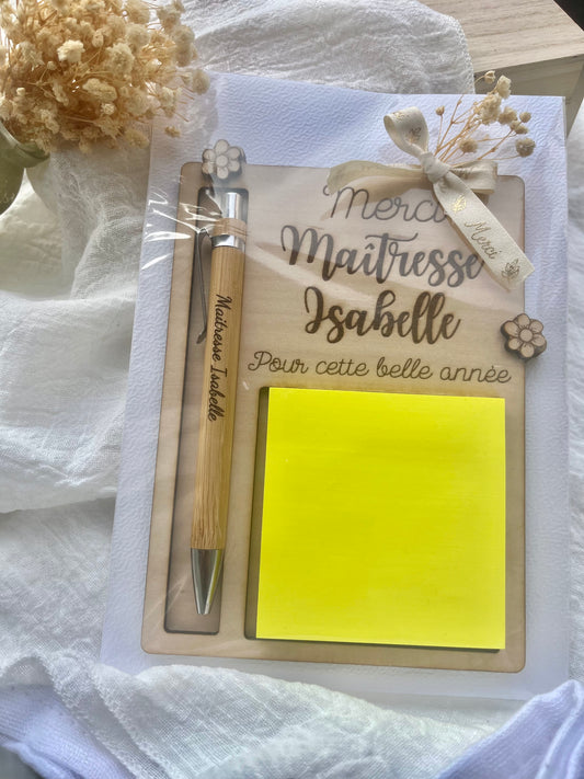 Bloc note en bois cadeau maîtresse, maître, atsem, nounou